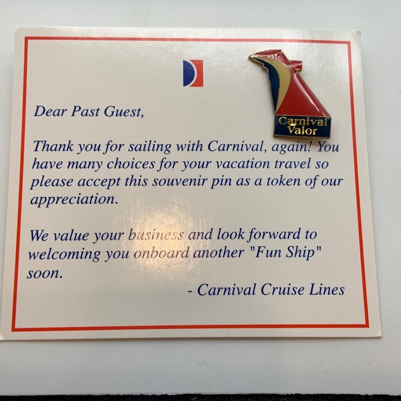 VTG Carnival Cruise Lines Carnival Valor Collectible Lapel Pin and Card - Picture 2 of 7